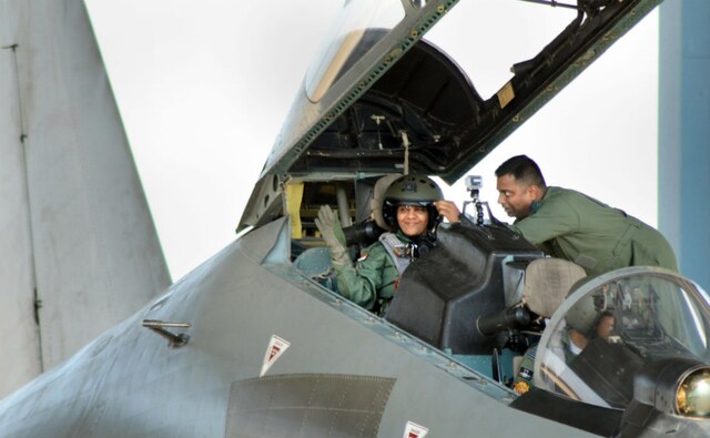 Defence Minister Nirmala Sitharaman on Wednesday undertook a sortie in the Indian Air Force (IAF) frontline combat jet, Sukhoi 30 MKI, from the Jodhpur airbase in Rajasthan. PTI Defence Minister Nirmala Sitharaman on Wednesday undertook a sortie in the Indian Air Force (IAF) frontline combat jet, Sukhoi 30 MKI, from the Jodhpur airbase in Rajasthan. PTI
