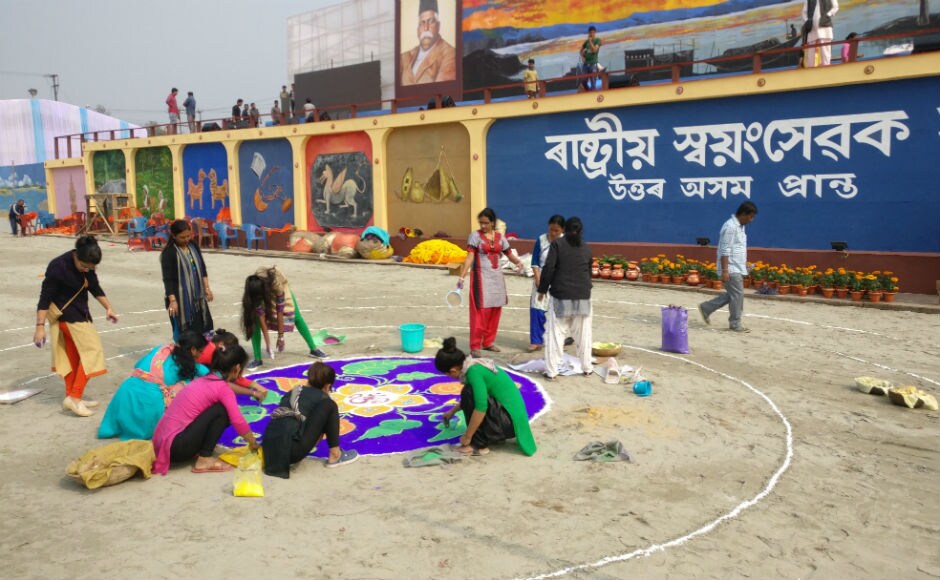 Women volunteers are seen at work on Saturday ahead of the event. About 35,000 swayamsevaks from across the Northeast are expected to attend the event. Firstpost/Rishiraj Bhagawati Women volunteers are seen at work on Saturday ahead of the event. About 35,000 swayamsevaks from across the Northeast are expected to attend the event. Firstpost/Rishiraj Bhagawati