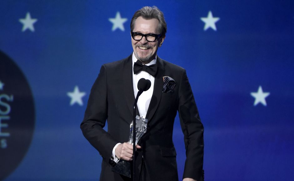 Gary Oldman accepts the award for best actor - film for The Darkest Hour at the 23rd annual Critics' Choice Awards. The film also won the awards for Best Makeup. AP Gary Oldman accepts the award for best actor - film for The Darkest Hour at the 23rd annual Critics' Choice Awards. The film also won the awards for Best Makeup. AP