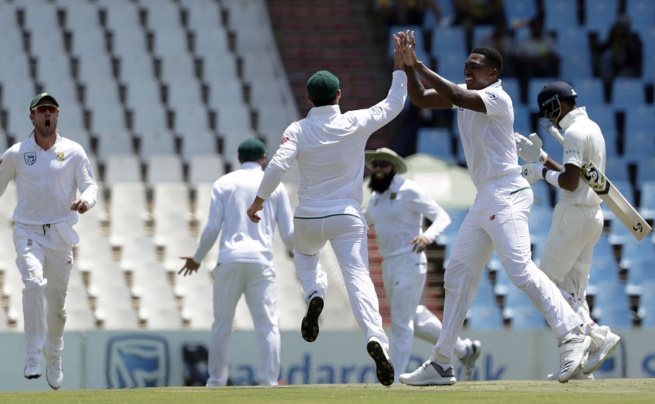 South Africa's Lungi Ngidi celebrates with teammates after dismissing India's batsman Hardik Pandya for 6 runs shortly after Cheteshwar Pujara became the first Indian batsman to be run out in both the innings. AP South Africa's Lungi Ngidi celebrates with teammates after dismissing India's batsman Hardik Pandya for 6 runs shortly after Cheteshwar Pujara became the first Indian batsman to be run out in both the innings. AP