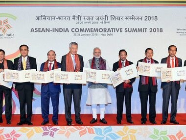 Prime Minister Narendra Modi with the ASEAN Heads of State / Governments. PTI