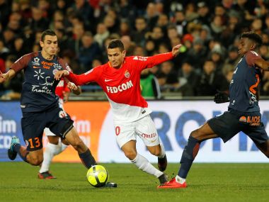 Montpelliers Ellyes Skhiri in action with Monaco's Rony Lopes. Reuters