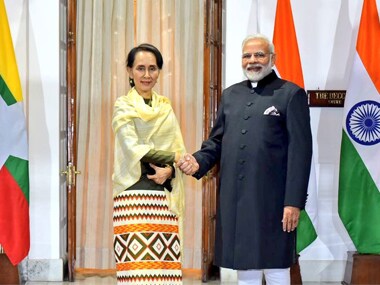 Prime Minister Narendra Modi with Myanmar's State Counsellor Aung San Suu Kyi in New Delhi. Twitter @MEAIndia