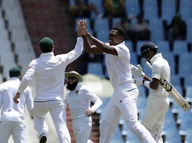 Lungi Ngidi celebrates the wicket of Hardik Pandya in Centurion. AP