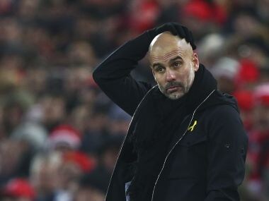 Manchester City's manager Pep Guardiola reacts during the match against Liverpool on Sunday. AP