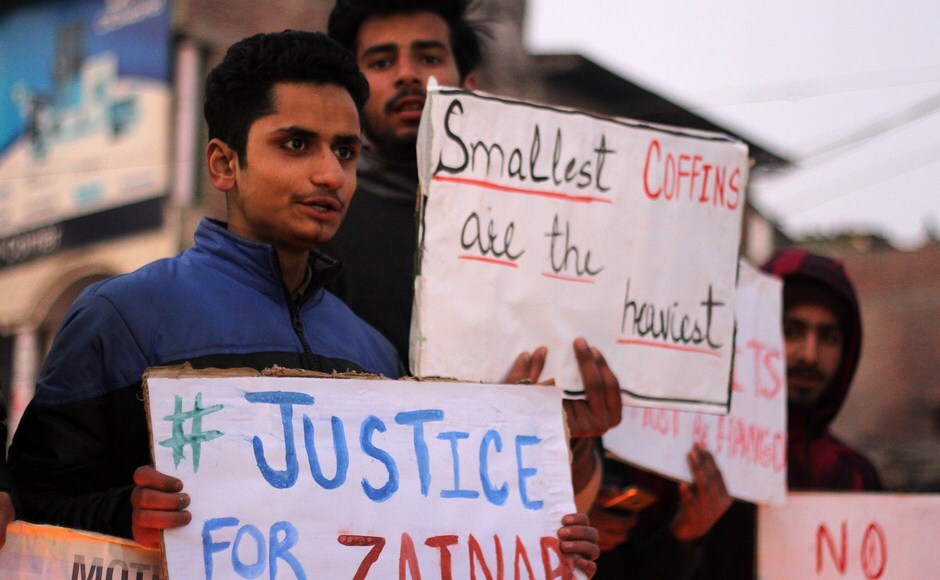 Students hold placards at Lal Chowk in Anantnag demanding justice for Zainab. Pakistan Police say that the rape and murder may have been committed by a serial killer, also a suspect in eight other similar cases in the city. Eight of the nine girls were murdered and raped while the lone surviving rape victim is still in hospital, Pakistani media reports said. Firstpost/ Sameer Mushtaq Students hold placards at Lal Chowk in Anantnag demanding justice for Zainab. Pakistan Police say that the rape and murder may have been committed by a serial killer, also a suspect in eight other similar cases in the city. Eight of the nine girls were murdered and raped while the lone surviving rape victim is still in hospital, Pakistani media reports said. Firstpost/ Sameer Mushtaq