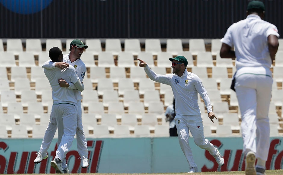 South Africa's AB de Villiers celebrates took a spectacular catch to dismiss India's last recognised batsman Rohit Sharma for 47. AP South Africa's AB de Villiers celebrates took a spectacular catch to dismiss India's last recognised batsman Rohit Sharma for 47. AP