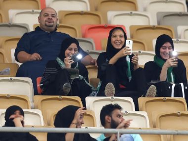 Female Saudi supporters of Al-Ahli attend their team's football match against Al-Batin in the Saudi Pro League at the King Abdullah Sports City in Jeddah. AFP 