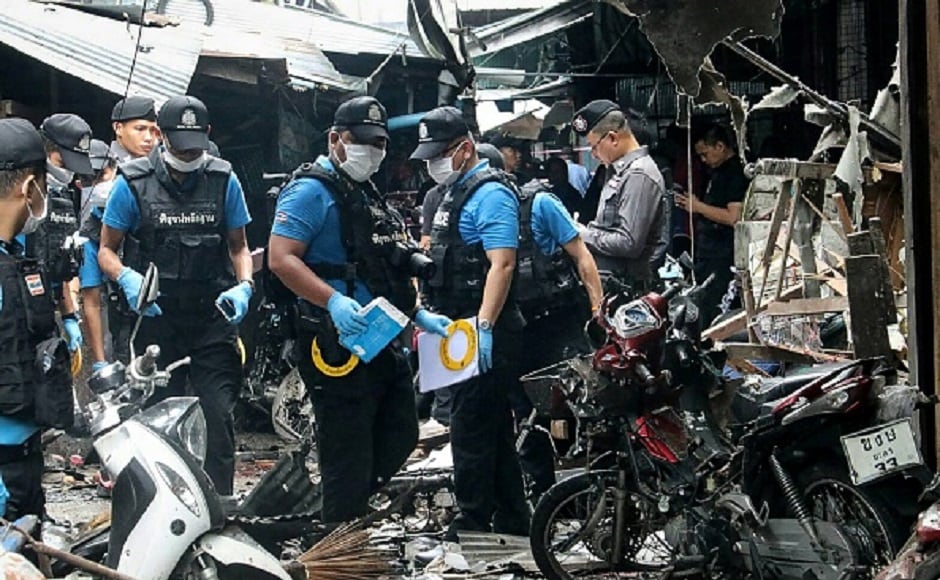 No group has claimed responsibility for the attack yet. A Thai forensics unit scoured the aftermath of the motorcycle bombing. Getty images No group has claimed responsibility for the attack yet. A Thai forensics unit scoured the aftermath of the motorcycle bombing. Getty images