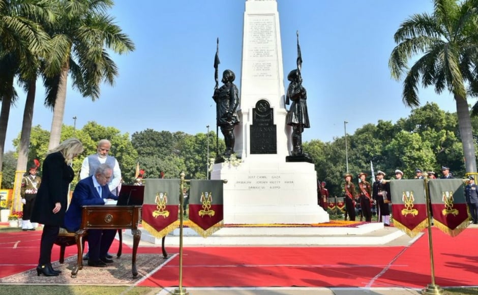 The two leaders attended a solemn ceremony at the Teen Murti Memorial in New Delhi to mark the formal renaming of Teen Murti Chowk as Teen Murti Haifa Chowk. Twitter@MEAIndia The two leaders attended a solemn ceremony at the Teen Murti Memorial in New Delhi to mark the formal renaming of Teen Murti Chowk as Teen Murti Haifa Chowk. Twitter@MEAIndia