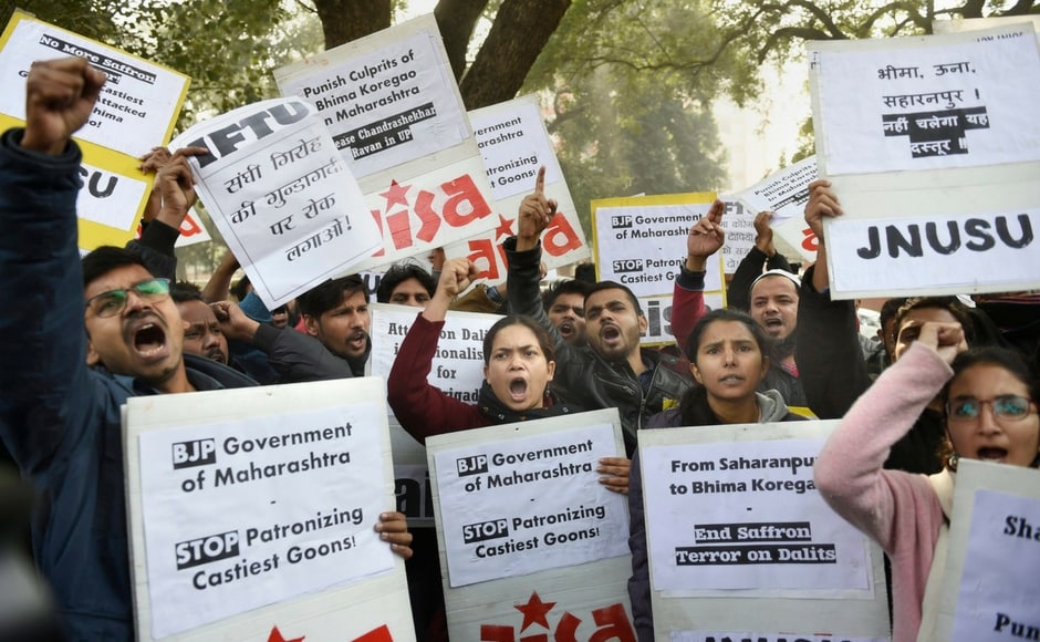 Security outside the Maharashtra Sadan in New Delhi was scaled up as protests continued in Maharashtra. Students belonging to All India Students Association (AISA) demanded judicial probe against those responsible for the Bhima-Koregaon violence. PTI Security outside the Maharashtra Sadan in New Delhi was scaled up as protests continued in Maharashtra. Students belonging to All India Students Association (AISA) demanded judicial probe against those responsible for the Bhima-Koregaon violence. PTI
