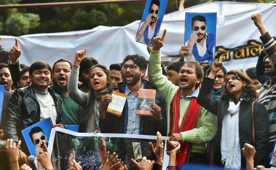 Former and current JNU student leaders, including Kanhaiya Kumar, Shehla Rashid and Umar Khalid, and Assam peasant leader Akhil Gogoi joined newly-elected Gujarat MLA Jignesh Mevani's Yuva Huntar rally in Delhi on Tuesday. PTI Yuva Huntar rally: Jignesh Mevani, Kanhaiya Kumar, Akhil Gogoi share dais to raise pitch against Modi govt