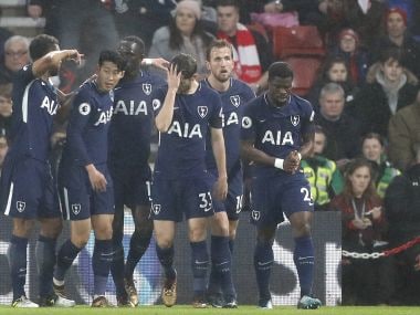 Tottenham players celebrate Harry Kane's goal against Southampton. AP