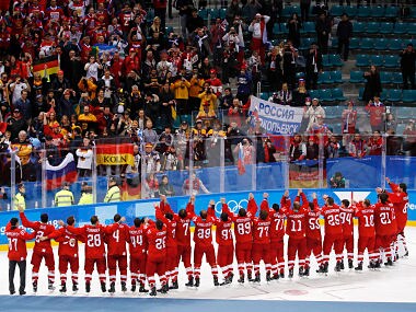 Olympic athletes from Russia celebrate after winning the men's gold medal hockey game against Germany, 4-3, in overtime at the 2018 Winter Olympics, Sunday, Feb. 25, 2018, in Gangneung, South Korea. (AP Photo/Jae C. Hong)