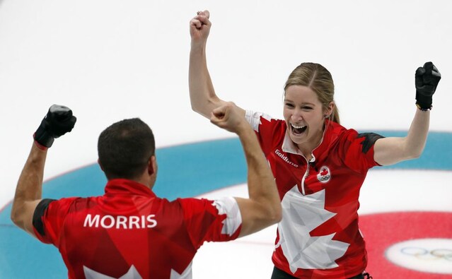 Canada's Kaitlyn Lawes and John Morris celebrate excitedly after they hammered Switzerland 10-3 to take the inaugural Olympic mixed doubles in curling. Reuters Canada's Kaitlyn Lawes and John Morris celebrate excitedly after they hammered Switzerland 10-3 to take the inaugural Olympic mixed doubles in curling. Reuters