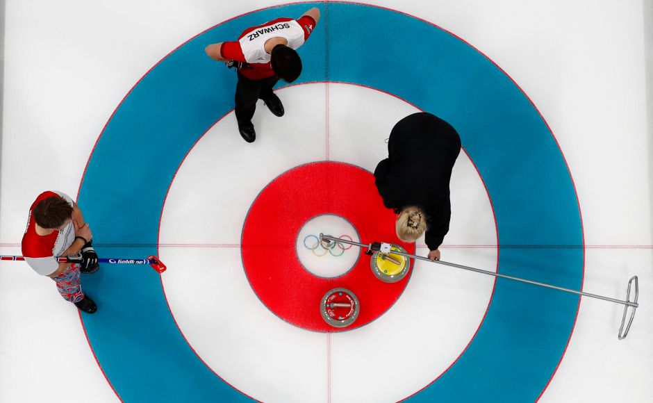 Torger Nergaard of Norway and Benoit Schwarz of Switzerland watch as a games official uses a measuring device during the men's curling round robin match. Reuters Torger Nergaard of Norway and Benoit Schwarz of Switzerland watch as a games official uses a measuring device during the men's curling round robin match. Reuters
