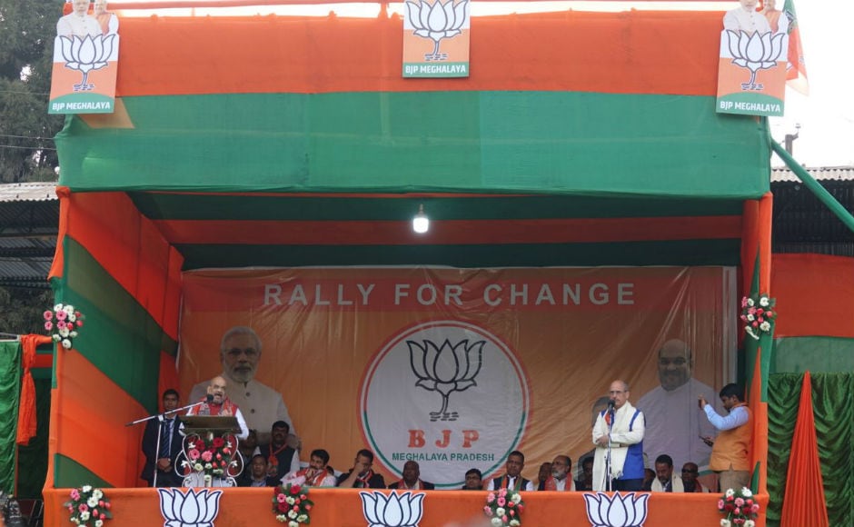 BJP president Amit Shah on Friday addressed a public rally in Malki Ground in Meghalaya's Shillong where he said that if elected, BJP will take the state on the path of development. Firstpost/Rishiraj Bhagawati BJP president Amit Shah on Friday addressed a public rally in Malki Ground in Meghalaya's Shillong where he said that if elected, BJP will take the state on the path of development. Firstpost/Rishiraj Bhagawati