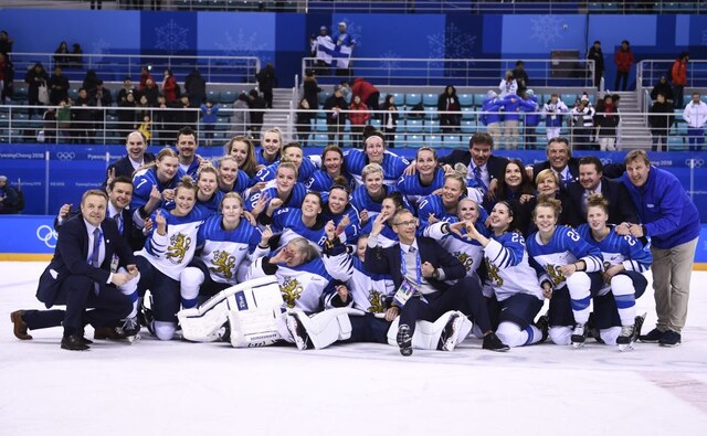 Finland's players celebrate winning the bronze medal in the women's ice hockey after beating the Olympic Athletes from Russia. AFP Finland's players celebrate winning the bronze medal in the women's ice hockey after beating the Olympic Athletes from Russia. AFP