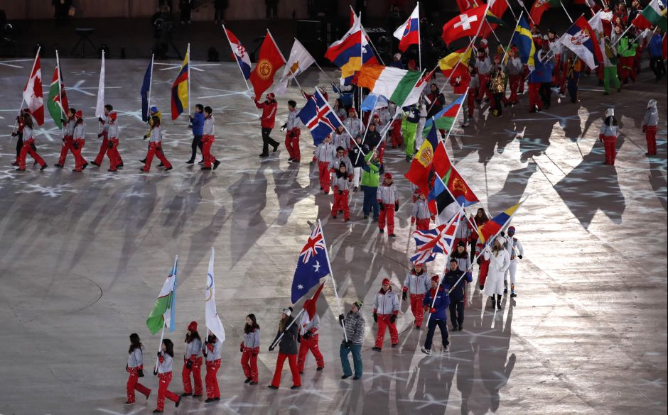 Flag bearers from different countries during the closing ceremony of the Pyeongchang 2018 Winter Olympics. Reuters Flag bearers from different countries during the closing ceremony of the Pyeongchang 2018 Winter Olympics. Reuters