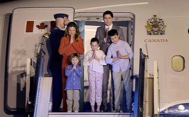 Trudeau arrived with his wife Sophie Gregoire Trudeau and three children in New Delhi. The family gestured 'namaste' before getting off the plane. During the course of his stay in India, Trudeau will also visit Agra, Ahmedabad, Mumbai and Amritsar. PTI Trudeau arrived with his wife Sophie Gregoire Trudeau and three children in New Delhi. The family gestured 'namaste' before getting off the plane. During the course of his stay in India, Trudeau will also visit Agra, Ahmedabad, Mumbai and Amritsar. PTI
