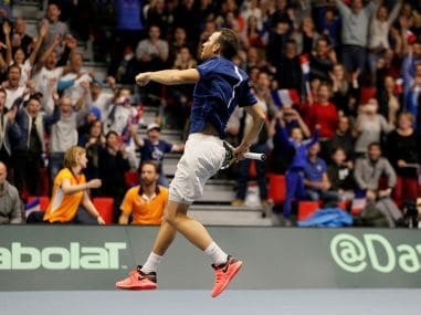 France's Adrian Mannarino celebrates after winning his match against Netherlands' Robin Haase. Reuters