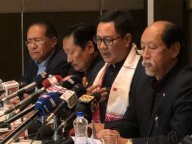 Union minister Kiren Rijiju announcing the seat sharing arrangement to the media on Saturday. Twitter @ndppofficial