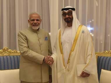 Prime Minister Narendra Modi with the Crown Prince of Abu Dhabi, Deputy Supreme Commander of UAE Armed Forces, General Sheikh Mohammed Bin Zayed Al Nahyan, in Abu Dhabi. Twitter@MEAIndia