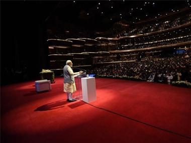 Prime Minister Narendra Modi addressing the Indian diaspora at the Dubai Opera House. Twitter @MEAIndia