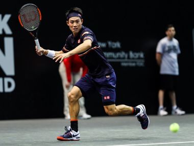 Kei Nishikori in action during his first round match. Image courtesy: Twitter @NewYorkOpen