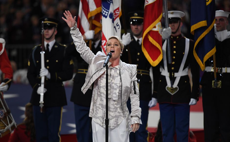 Pink overcame the flu to give an emotionally rousing performance powering through the Star Spangled Banner. AFP Pink overcame the flu to give an emotionally rousing performance powering through the Star Spangled Banner. AFP