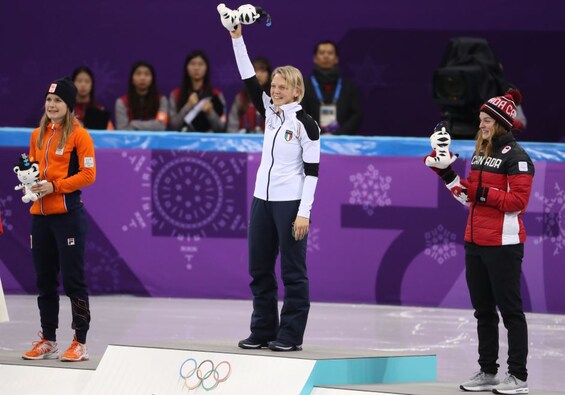 Gold medallist Arianna Fontana of Italy, silver medallist Yara van Kerkhof of Netherlands and Kim Boutin of Canada pose on the podium during the victory ceremony. Reuters Gold medallist Arianna Fontana of Italy, silver medallist Yara van Kerkhof of Netherlands and Kim Boutin of Canada pose on the podium during the victory ceremony. Reuters