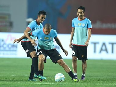 Players during match 69 of the Hero Indian Super League between Jamshedpur FC and NorthEast United FC held at the JRD Tata Sports Complex, Jamshedpur, India on the 10th February 2018 Photo by: Arjun Singh / ISL / SPORTZPICS