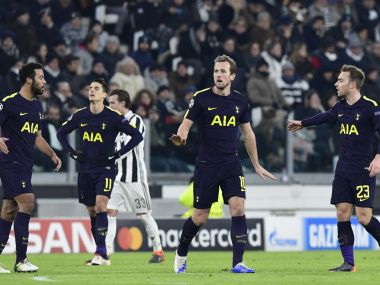 Tottenham Hotspur's Harry Kane (centre) celebrates scoring against Juventus. AFP
