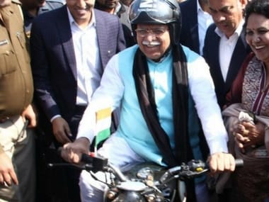 Manohar Lal Khattar on Wednesday drove a motorcycle to take stock of preparations for "Yuva Hunkar Rally" to be addressed by BJP national president Amit Shah. Twitter@mlkhattar