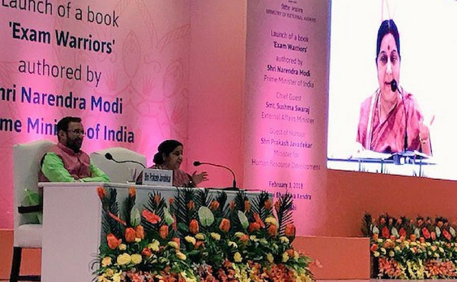 Swaraj also encouraged students not to fear examinations just like the prime minister does not fear elections. She suggested that the students should compete with themselves, and not others. Twitter@USAmbIndia Swaraj also encouraged students not to fear examinations just like the prime minister does not fear elections. She suggested that the students should compete with themselves, and not others. Twitter@USAmbIndia