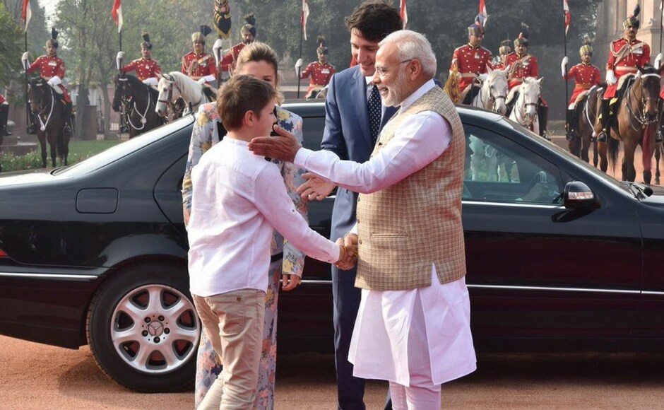 At the Rashtrapati Bhavan, while Modi shook hands with Sophie Trudeau, Xavier and little Hadrien, he had a special hug reserved for Elle-Grace. PTI At the Rashtrapati Bhavan, while Modi shook hands with Sophie Trudeau, Xavier and little Hadrien, he had a special hug reserved for Elle-Grace. PTI