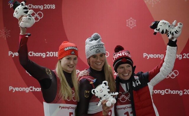 Luge gold medalist Natalie Geisenberger of Germany, silver medalist Dajana Eitberger of Germany and bronze medalist Alex Gough of Canada celebrate during the victory ceremony. Reuters Luge gold medalist Natalie Geisenberger of Germany, silver medalist Dajana Eitberger of Germany and bronze medalist Alex Gough of Canada celebrate during the victory ceremony. Reuters