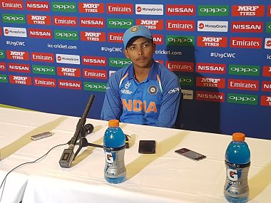 India U19 captain Prithvi Shaw addressing a press conference after the victory. Image courtesy: Twitter @cricketworldcup