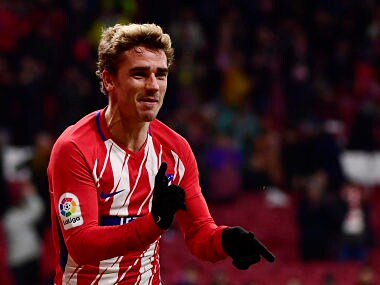 Atletico Madrid's French forward Antoine Griezmann celebrates his third goal during the Spanish league football match Club Atletico de Madrid against Club Deportivo Leganes SAD at the Wanda Metropolitano stadium in Madrid on February 28, 2018. / AFP PHOTO / PIERRE-PHILIPPE MARCOU