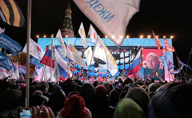 The election was such a foregone conclusion that Putin gave only a perfunctory victory speech and said nothing about what he will do for his country. "We are bound for success," he said, to crowds near the Kremlin chanting "Russia! Russia!" AP The election was such a foregone conclusion that Putin gave only a perfunctory victory speech and said nothing about what he will do for his country. "We are bound for success," he said, to crowds near the Kremlin chanting "Russia! Russia!" AP