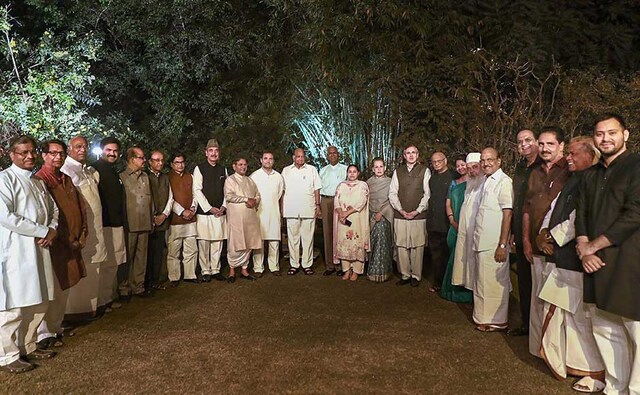 Leaders of 20 Opposition parties on Tuesday night got together at a dinner hosted by UPA chairperson Sonia Gandhi, where possibilities of putting up a united front to defeat the BJP in the next general elections were discussed. PTI Leaders of 20 Opposition parties on Tuesday night got together at a dinner hosted by UPA chairperson Sonia Gandhi, where possibilities of putting up a united front to defeat the BJP in the next general elections were discussed. PTI