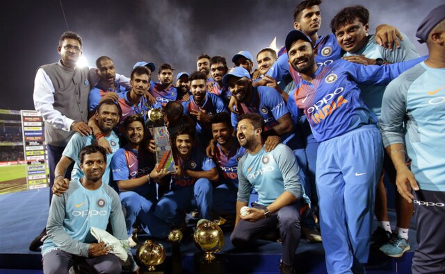 The tri-series ended on a dramatic note as India beat Bangladesh in the final by four wickets, all thanks to Dinesh Karthik. Five runs were needed from the last ball and Karthik smashed a six over extra-cover to give India the trophy. AP The tri-series ended on a dramatic note as India beat Bangladesh in the final by four wickets, all thanks to Dinesh Karthik. Five runs were needed from the last ball and Karthik smashed a six over extra-cover to give India the trophy. AP