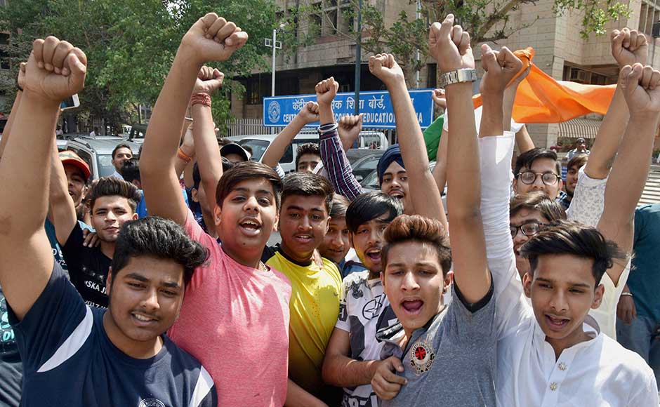 Earlier in the day, six people, including two directors of a private coaching centre in Chatra, were apprehended in connection with the CBSE question paper leaks, police said. Students protest against board exam paper leaks outside CBSE headquarters in New Delhi. PTI Earlier in the day, six people, including two directors of a private coaching centre in Chatra, were apprehended in connection with the CBSE question paper leaks, police said. Students protest against board exam paper leaks outside CBSE headquarters in New Delhi. PTI