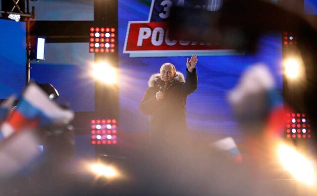 The massive victory gives Putin new confidence to stand up to the West. The election came amid escalating Cold War-like tensions, with accusations that Moscow was behind the nerve-agent poisoning this month of a former Russian double agent in Britain and that its internet trolls had waged an extensive campaign to undermine the 2016 US presidential election. AP The massive victory gives Putin new confidence to stand up to the West. The election came amid escalating Cold War-like tensions, with accusations that Moscow was behind the nerve-agent poisoning this month of a former Russian double agent in Britain and that its internet trolls had waged an extensive campaign to undermine the 2016 US presidential election. AP
