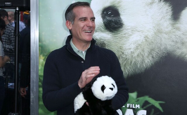 Los Angeles Mayor Eric Garcetti holds a panda teddy bear at the LA Premiere of Pandas. Willy Sanjuan/Invision/AP Los Angeles Mayor Eric Garcetti holds a panda teddy bear at the LA Premiere of Pandas. Willy Sanjuan/Invision/AP