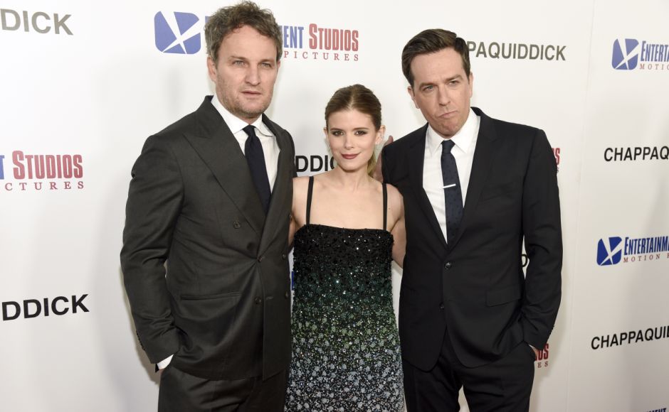 Jason Clarke, Kate Mara and Ed Helms arrive at the premiere of Chappaquiddick at the Samuel Goldwyn Theater in Beverly Hills, California (Photo by Chris Pizzello/Invision/AP) Jason Clarke, Kate Mara and Ed Helms arrive at the premiere of Chappaquiddick at the Samuel Goldwyn Theater in Beverly Hills, California (Photo by Chris Pizzello/Invision/AP)