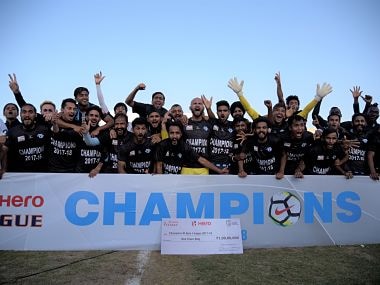 Players of team Minerva Punjab FC celebrate after winning 1-0 against Churchill Brothers. AIFF