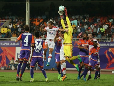 FC Pune City goalkeeper Vishal Kaith collects the ball during the first leg of semi-final 1 clash against Bengaluru FC ISL