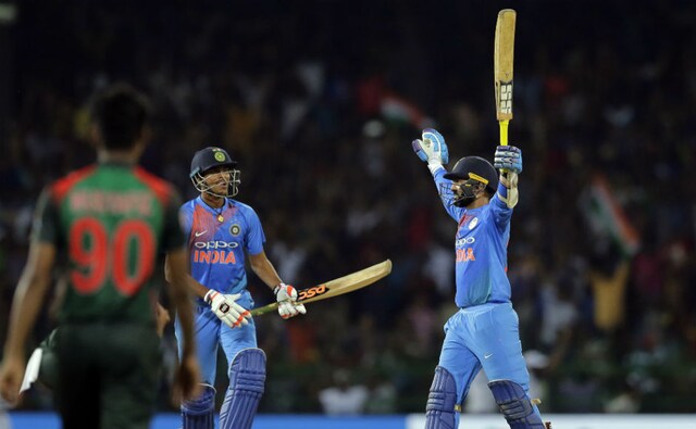 With Vijay Shankar getting dismissed in the penultimate ball, India needed five runs from the last ball of the final over. Soumya Sarkar bowled a fuller, wide delivery and Karthik sent the ball over th eboundary line for a six, ensuring a thrilling victory for India. AP With Vijay Shankar getting dismissed in the penultimate ball, India needed five runs from the last ball of the final over. Soumya Sarkar bowled a fuller, wide delivery and Karthik sent the ball over th eboundary line for a six, ensuring a thrilling victory for India. AP