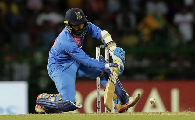 When India needed 34 off last two overs, Dinesh Karthik entered the field after Manish Pandey's dismissal. He started the over hitting six, four, six and ended the 6th ball with another four. AP When India needed 34 off last two overs, Dinesh Karthik entered the field after Manish Pandey's dismissal. He started the over hitting six, four, six and ended the 6th ball with another four. AP